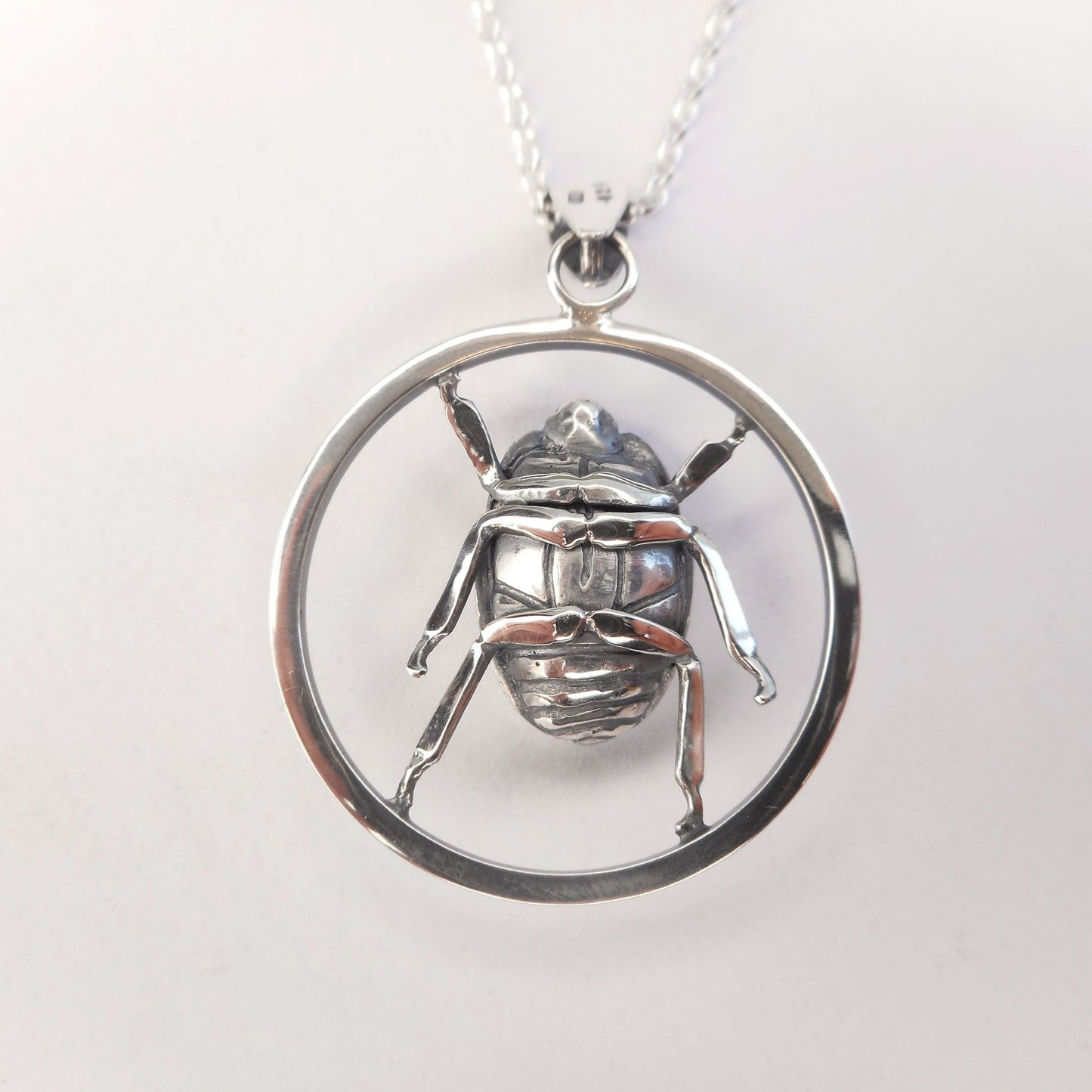 A photo of a silver pendant showing the detailed underside of a scarab beetle within a silver hoop.