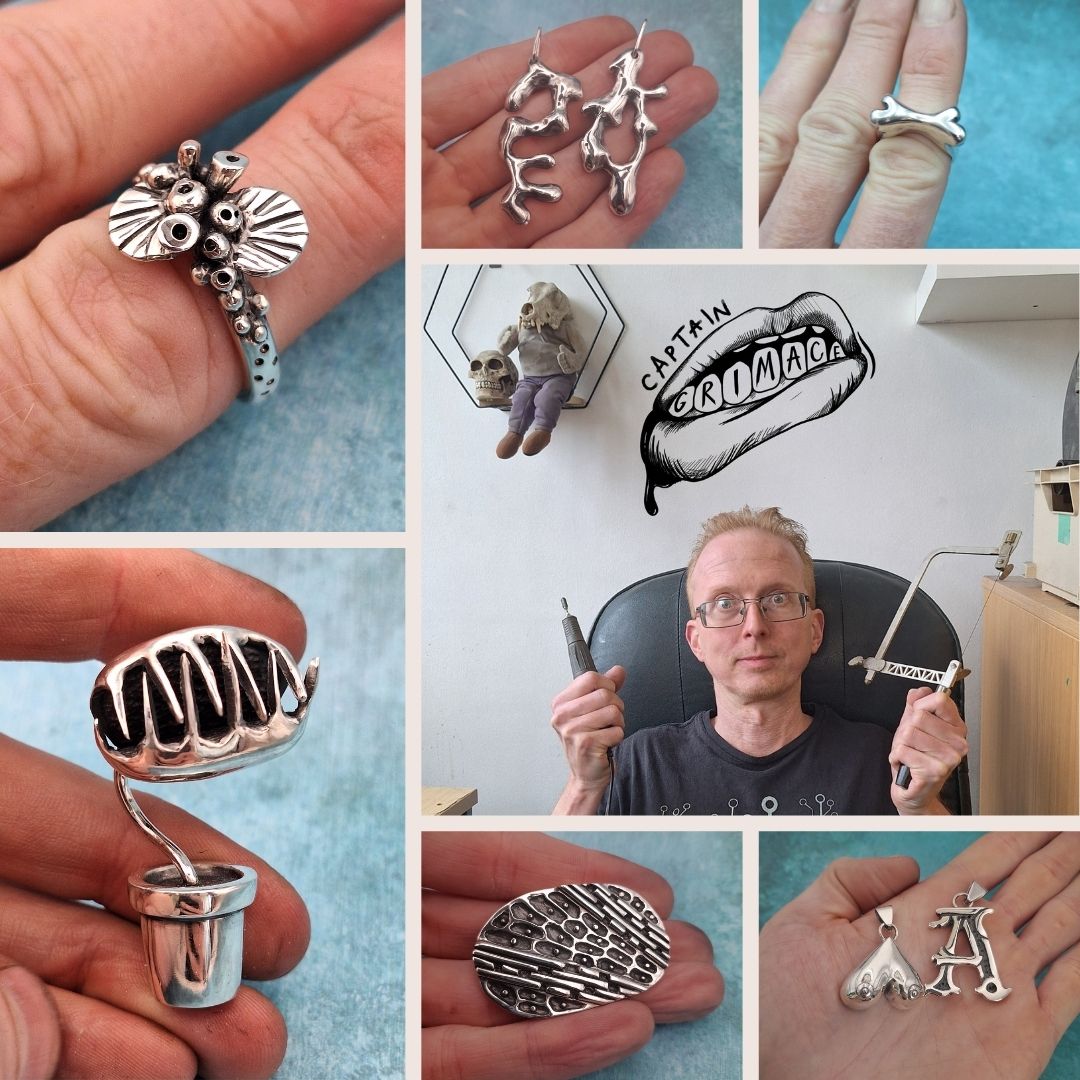 various sculptural jewellery pieces and a portrait of captain grimace in his jewellery studio
