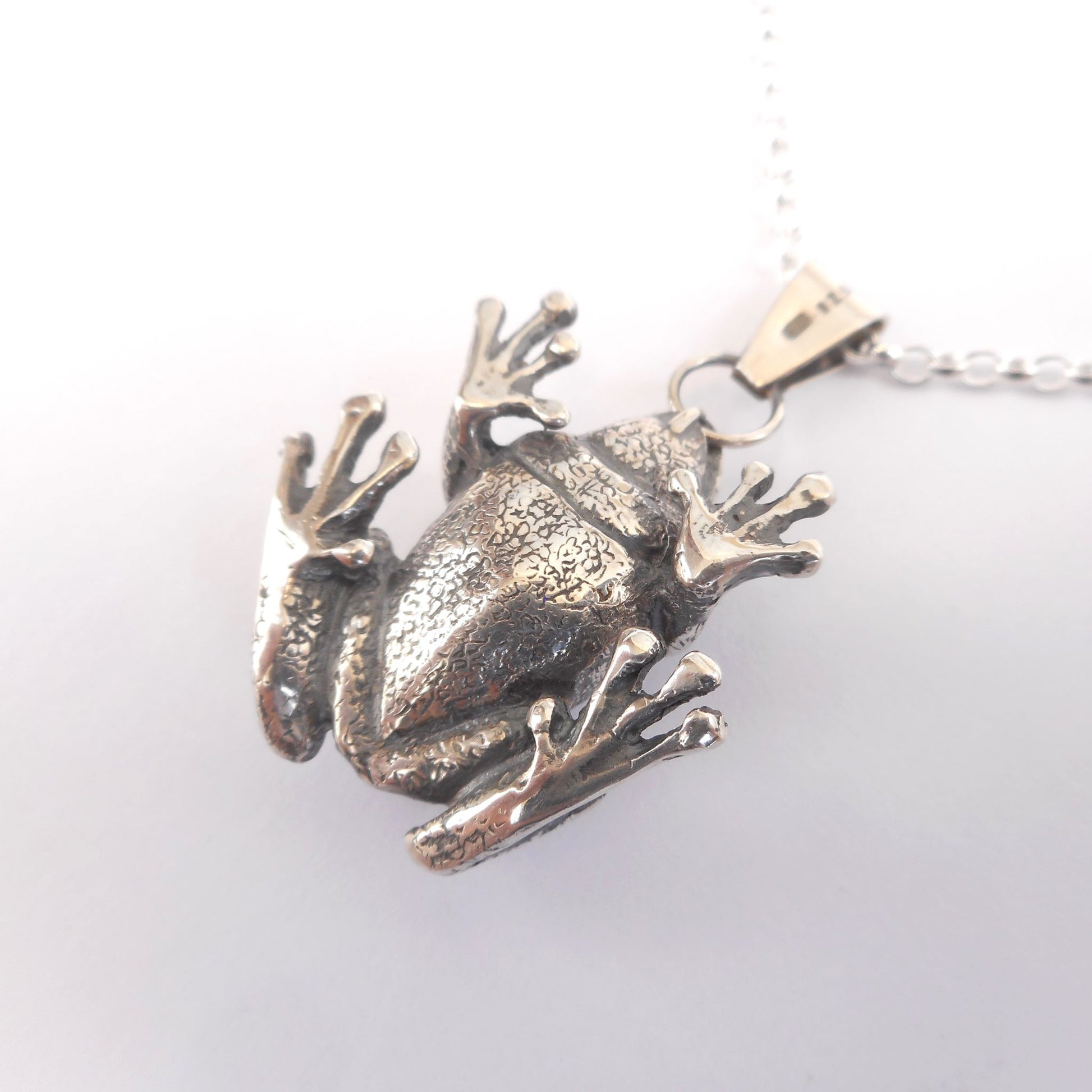 A photo of the underside of a silver frog pendant, on a white background.
