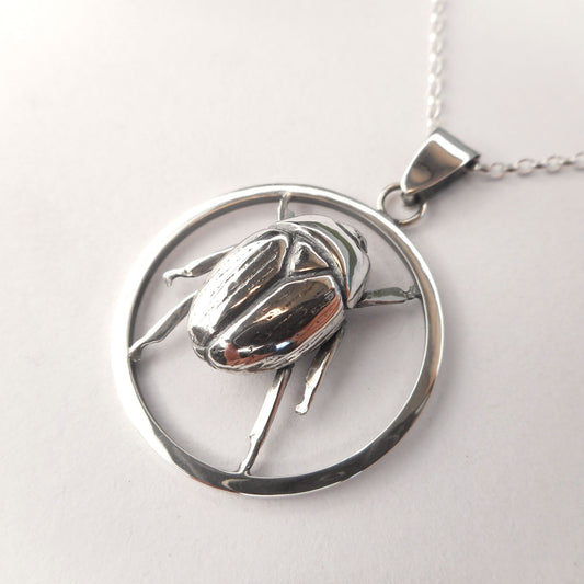 A photo of a silver pendant shaped like a scarab beetle in a hoop.
