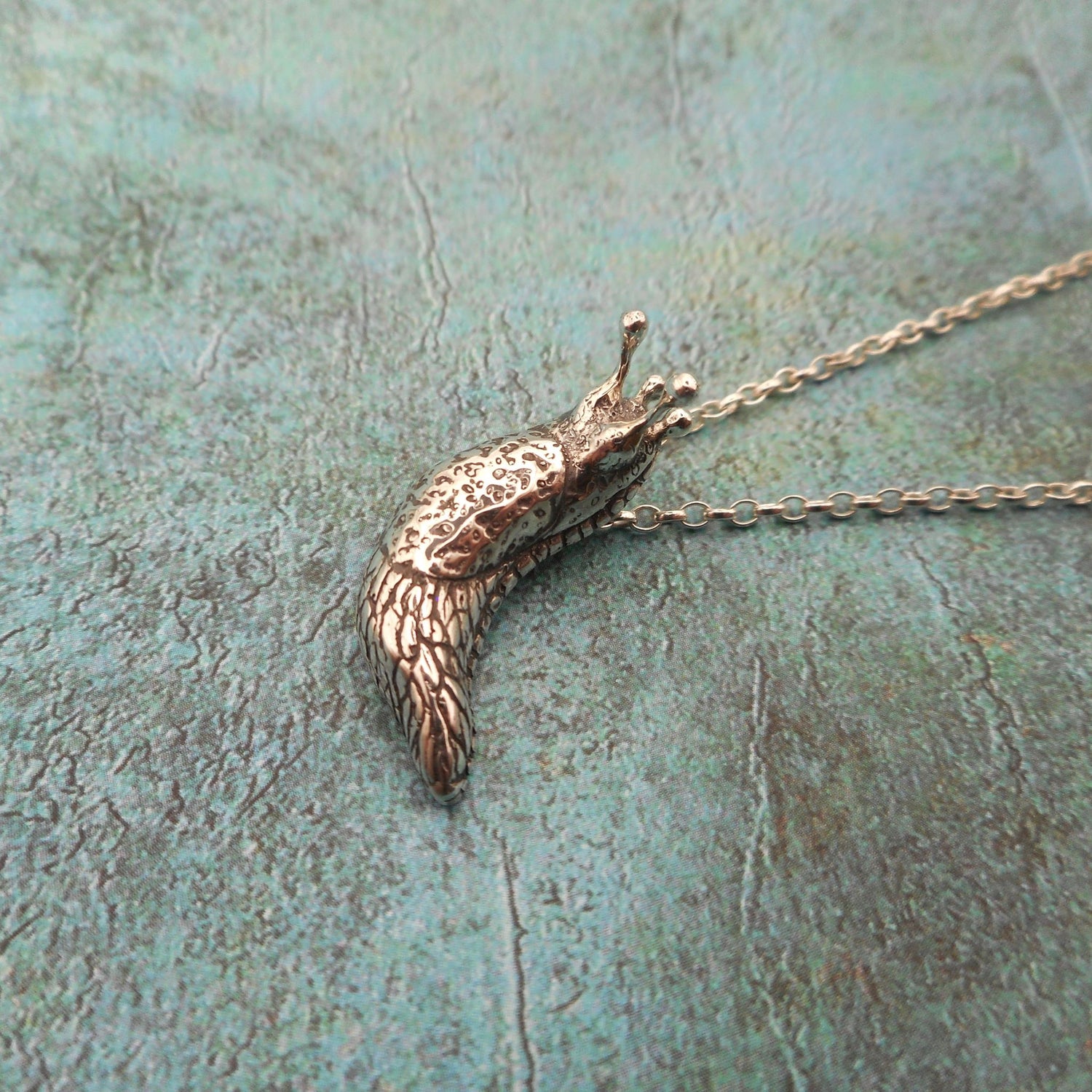 A photo of a silver pendant in the shape of a slug, attached to a chain, on a blue background.